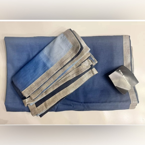 KIM SEYBERT RUNNER & 4 NAPKINS SET DIP DYE NAVY BLUE SILVER RIM NEIMAN MARCUS - Picture 1 of 8